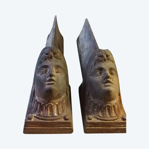 pair of 19th century cast iron empire andirons