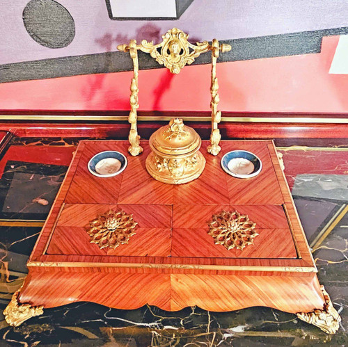 Ecritoire Encrier Napoléon III Bois De Rose Porcelaine Et Bronze Doré