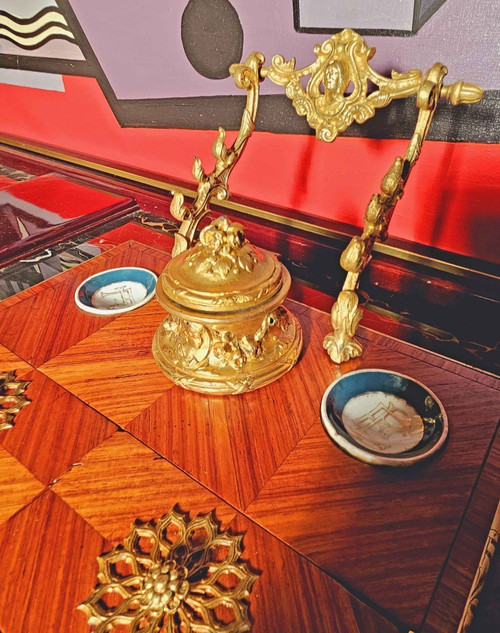 Ecritoire Encrier Napoléon III Bois De Rose Porcelaine Et Bronze Doré