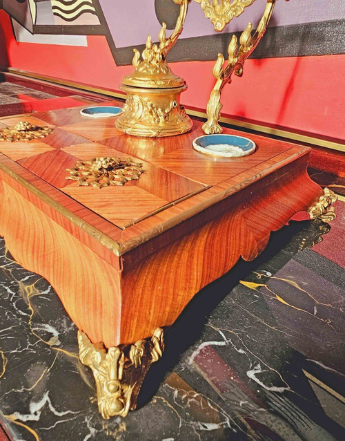 Ecritoire Encrier Napoléon III Bois De Rose Porcelaine Et Bronze Doré