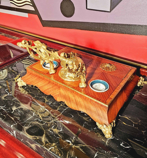 Ecritoire Encrier Napoléon III Bois De Rose Porcelaine Et Bronze Doré