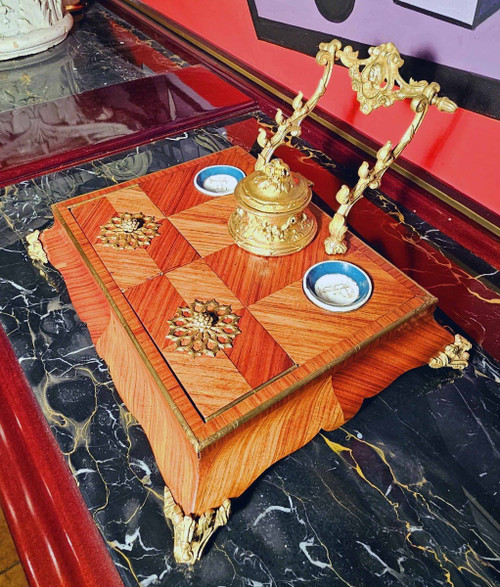 Ecritoire Encrier Napoléon III Bois De Rose Porcelaine Et Bronze Doré
