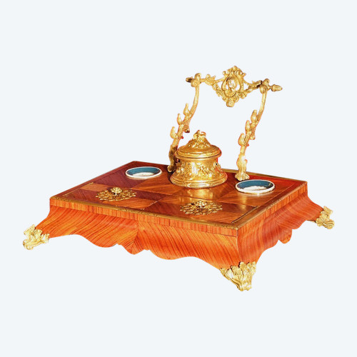 Ecritoire Encrier Napoléon III Bois De Rose Porcelaine Et Bronze Doré