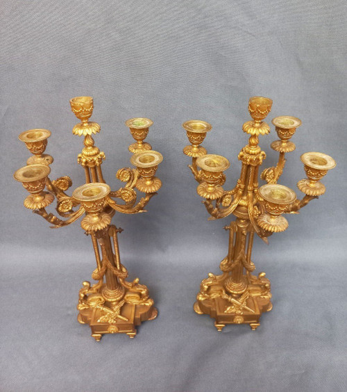 Paire De Candélabres En Bronze Doré Et Ciselé XIXe Siècle St Louis XVI