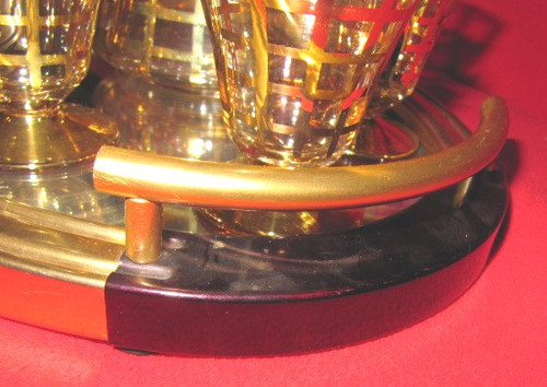 LIQUEUR SERVICE WITH TRAY OF 6 GLASSES AND CRYSTAL CARAFE FROM VANNE 1950s