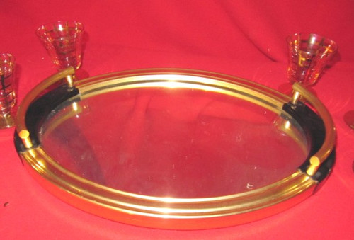 LIQUEUR SERVICE WITH TRAY OF 6 GLASSES AND CRYSTAL CARAFE FROM VANNE 1950s