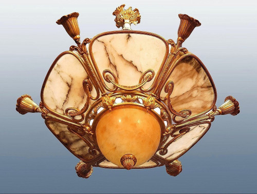 Gilded Bronze And Alabaster Art Deco Chandelier, Nine Lights