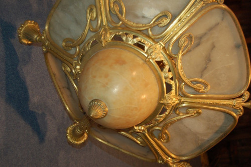 Gilded Bronze And Alabaster Art Deco Chandelier, Nine Lights