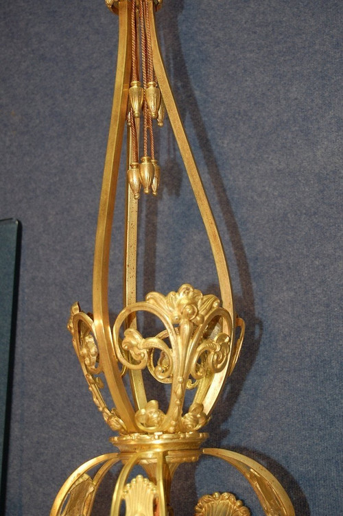 Gilded Bronze And Alabaster Art Deco Chandelier, Nine Lights