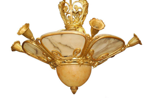 Gilded Bronze And Alabaster Art Deco Chandelier, Nine Lights