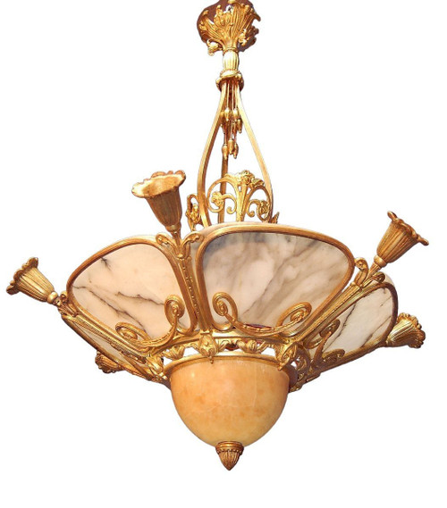 Gilded Bronze And Alabaster Art Deco Chandelier, Nine Lights