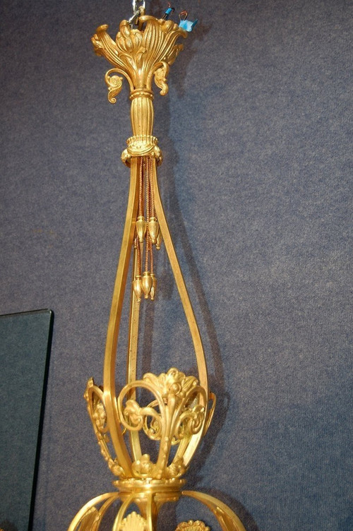 Gilded Bronze And Alabaster Art Deco Chandelier, Nine Lights