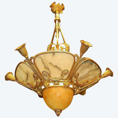 Gilded Bronze And Alabaster Art Deco Chandelier, Nine Lights