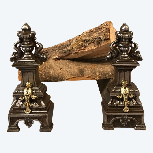 Beaux chenets anciens en fonte et bronze d'époque 19 ème 