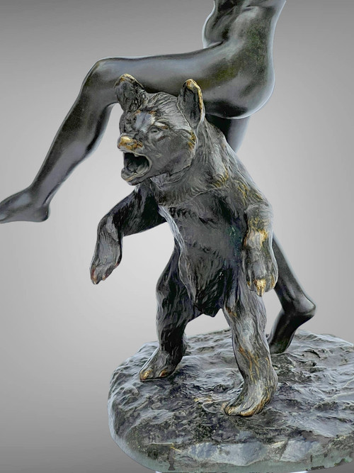 BRONZE ANCIEN SIGNÉ DE CHARLES PAILLET (1871-1937) " LA BACCANTE ET SON OURS "
