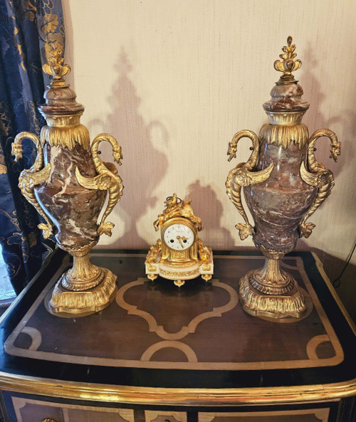 Pair of Large Marble And Gilt Bronze Vases With Dragons 62 cm