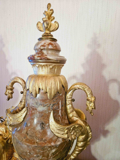 Pair of Large Marble And Gilt Bronze Vases With Dragons 62 cm