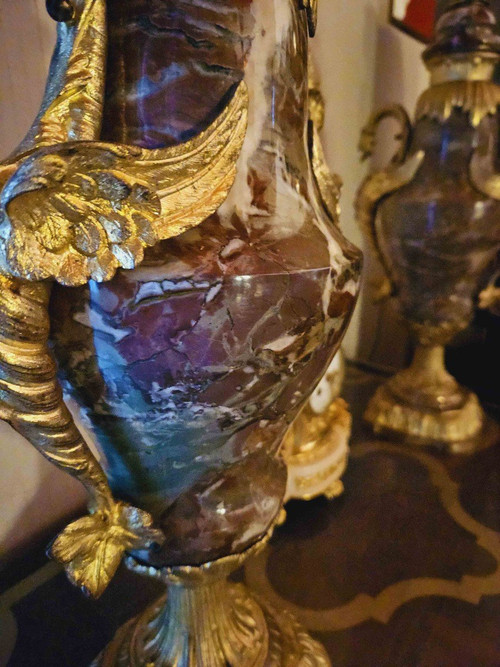 Pair of Large Marble And Gilt Bronze Vases With Dragons 62 cm