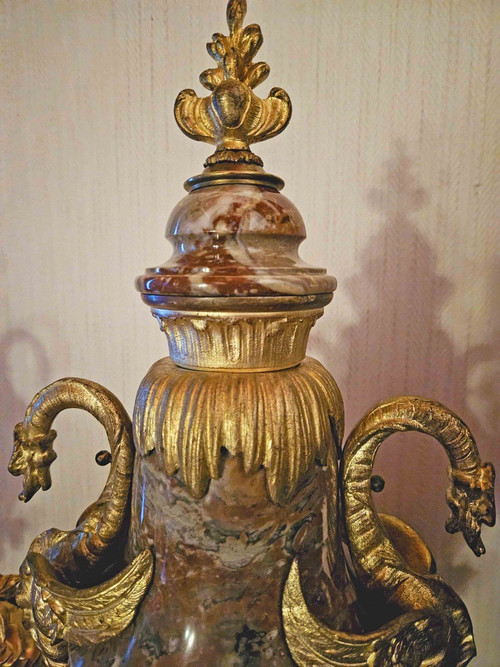 Pair of Large Marble And Gilt Bronze Vases With Dragons 62 cm