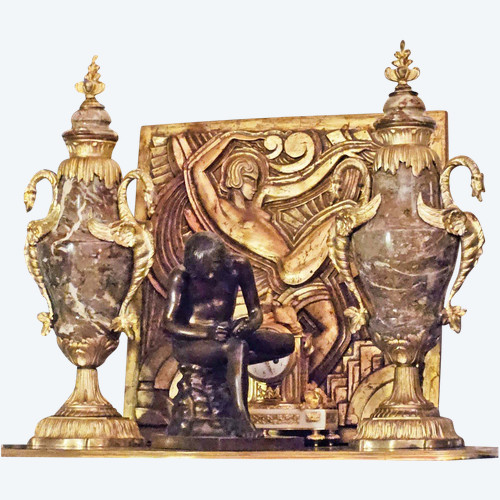 Pair of Large Marble And Gilt Bronze Vases With Dragons 62 cm