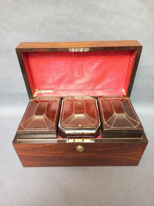 J Bramah Tea Box 1748-1814, In Coral Wood, Crystal and Silver