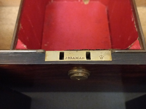 J Bramah Tea Box 1748-1814, In Coral Wood, Crystal and Silver