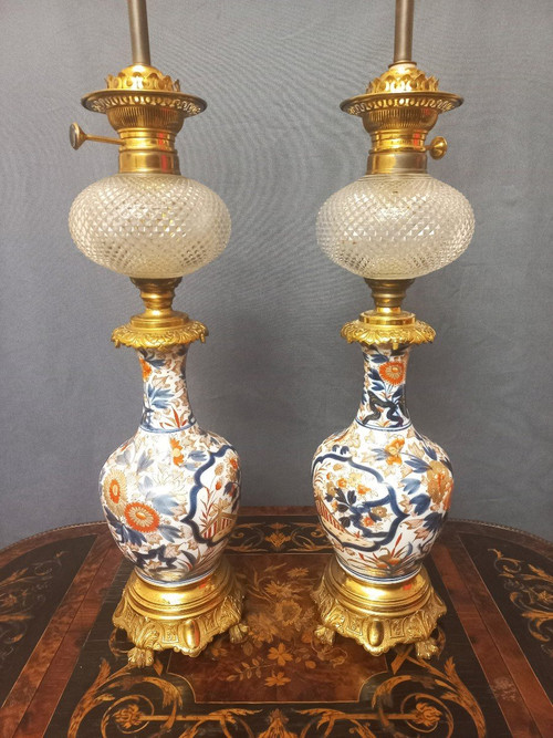 Importante Paire De Lampes En Porcelaine Et Bronze Doré Fin XIXe H80cm