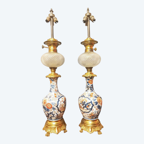 Importante Paire De Lampes En Porcelaine Et Bronze Doré Fin XIXe H80cm