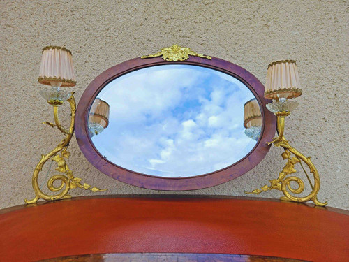 Tavolino da toilette con 2 bracci intarsiati e dorati in bronzo chiaro