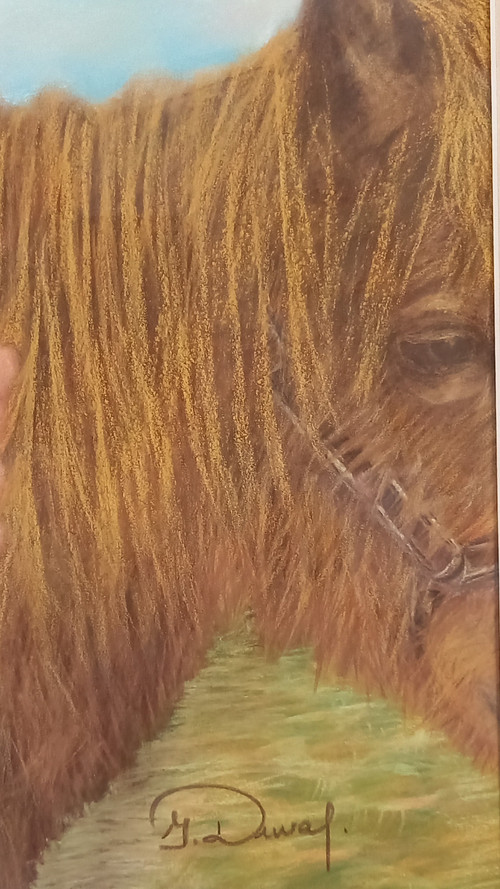 Ritratto a pastello secco/bambina su pony/Duval