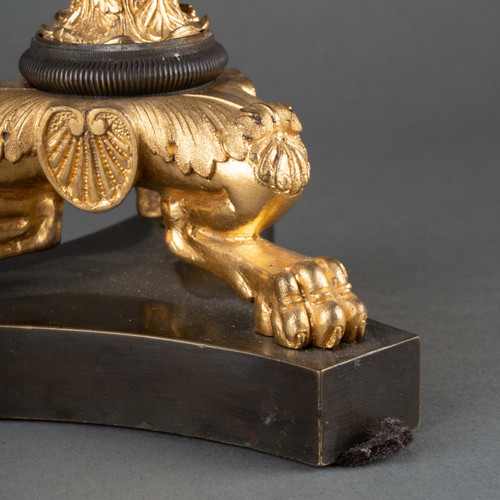 Coppia di candelieri in bronzo e bronzo dorato, epoca XIX secolo 