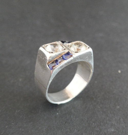Anello Con Sigillo René Boivin In Argento, Pietre Blu E Pietre Bianche.