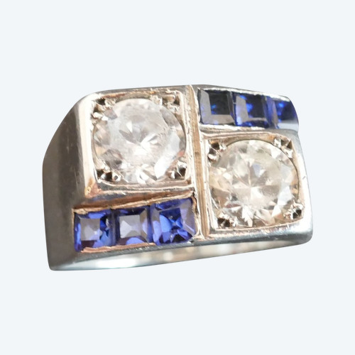 Anello Con Sigillo René Boivin In Argento, Pietre Blu E Pietre Bianche.
