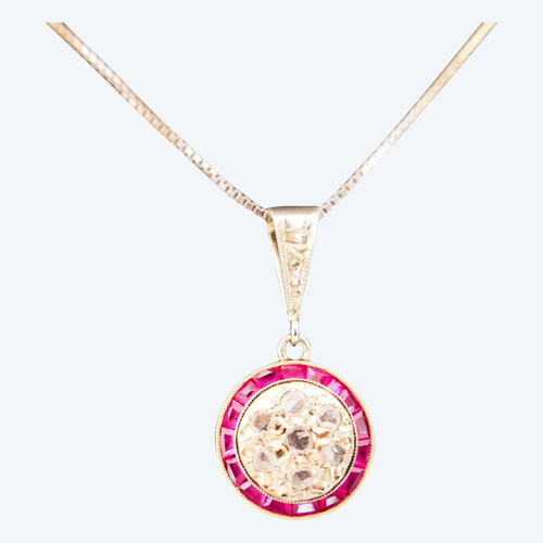 Art Deco Calibrated Diamonds And Rubies Pendant, 18 Carat Gold.