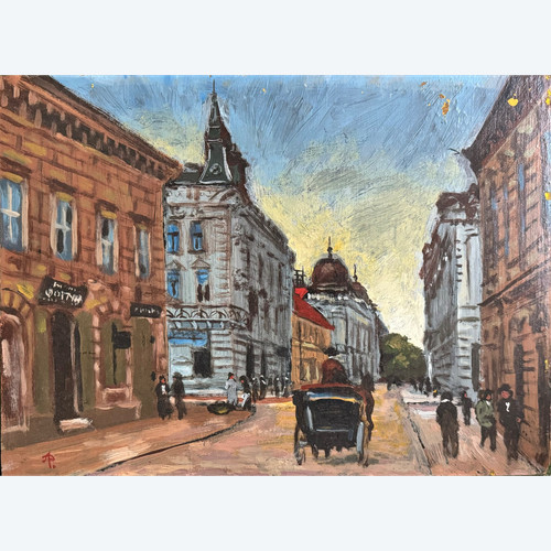 Rue de Paris, monogrammiertes Gemälde