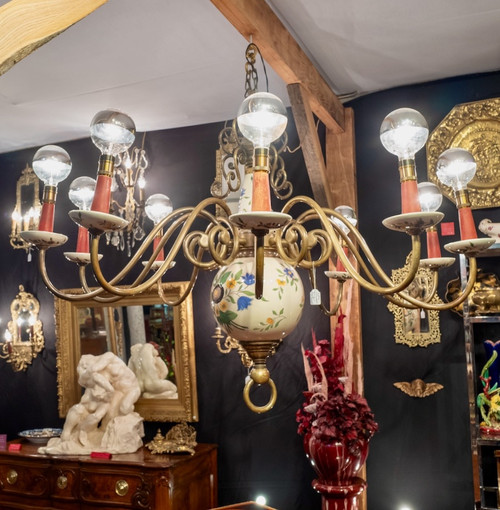 Importante lampadario olandese in bronzo a 10 bracci di luce