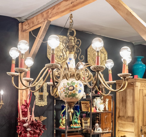 Importante lampadario olandese in bronzo a 10 bracci di luce