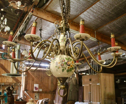 Importante lampadario olandese in bronzo a 10 bracci di luce