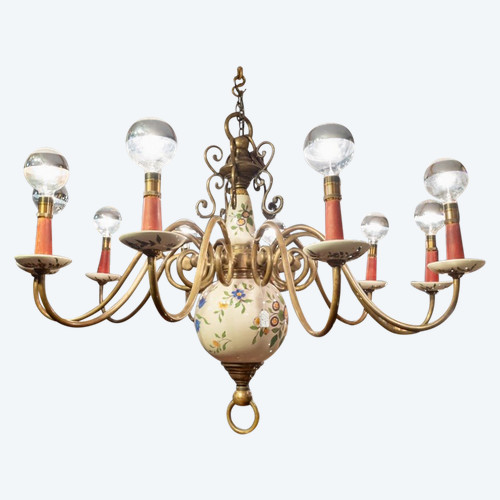 Importante lampadario olandese in bronzo a 10 bracci di luce