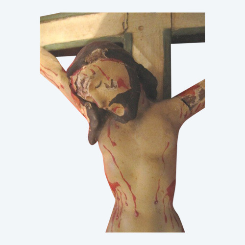 Portuguese Indo Christ on cross carved in wood with polychromes late 18th century