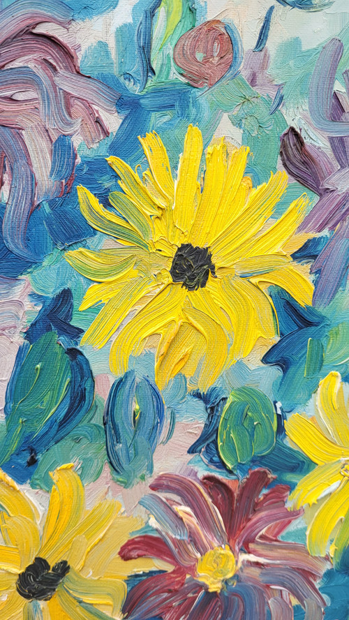 Blumenstraußgemälde „Die Dahlien“, F. Rolland (1920-2004)