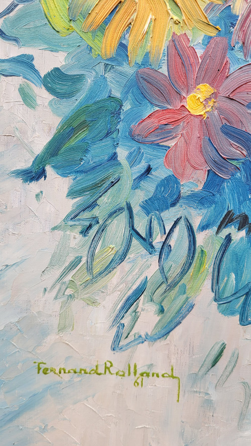 Blumenstraußgemälde „Die Dahlien“, F. Rolland (1920-2004)