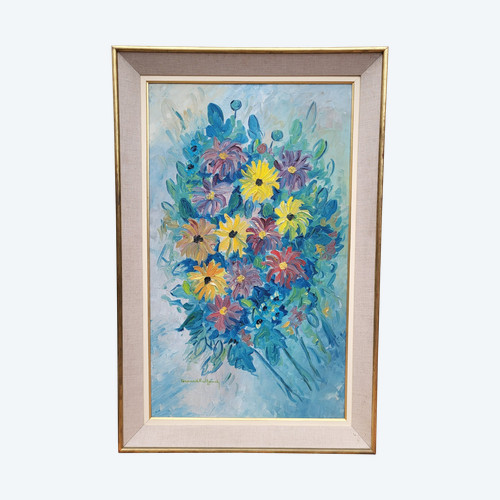 Blumenstraußgemälde „Die Dahlien“, F. Rolland (1920-2004)