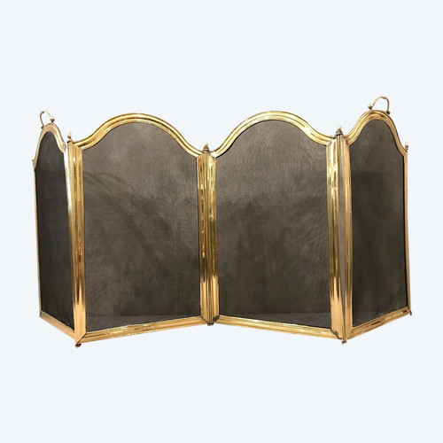 Old fireplace screen in polished brass and varnish from the 19th Louis Philippe period 