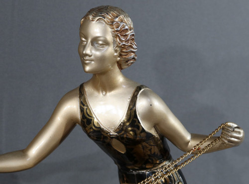 Donna con levrieri in metallo patinato, Art Déco - 1930