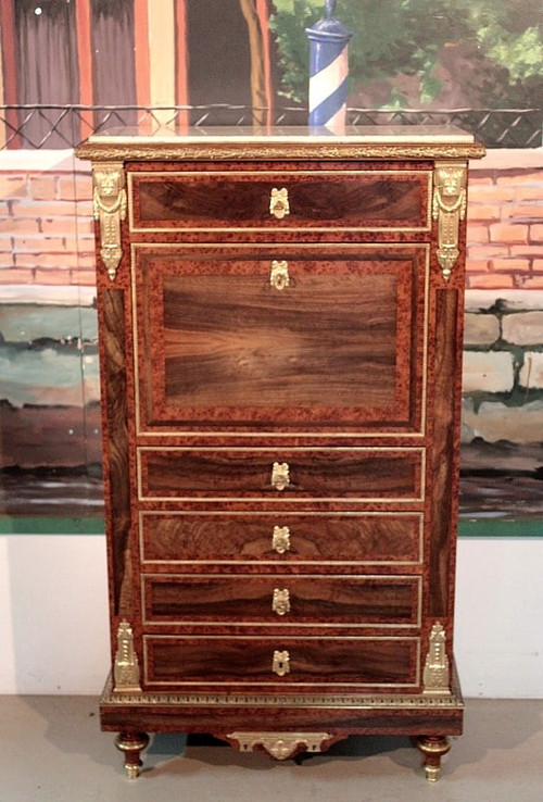 Secrétaire en Cèdre et Loupe de Thuya, style Louis XVI, époque Napoléon III - XIXe