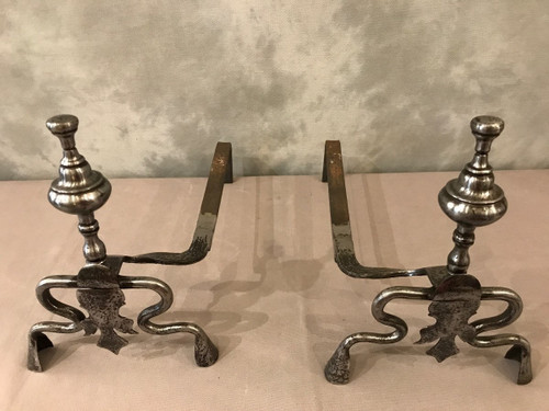 Beautiful pair of old wrought iron andirons from the late 17th century 