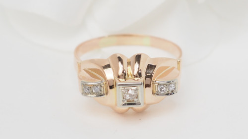 Anello Tank In Oro Rosa E Bianco, Diamanti