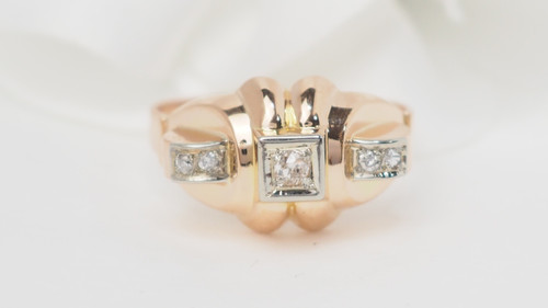 Anello Tank In Oro Rosa E Bianco, Diamanti