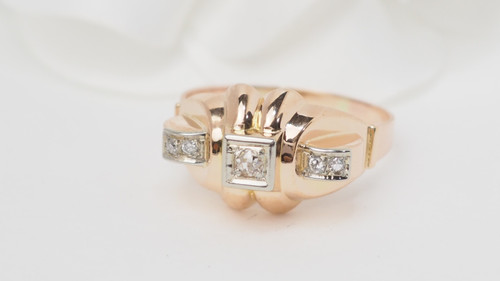 Anello Tank In Oro Rosa E Bianco, Diamanti